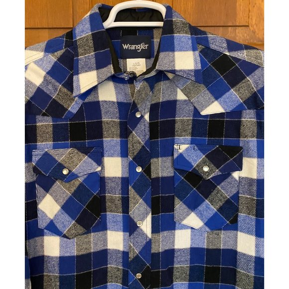 Wrangler Western Shirt Men Large Blue Plaid Flannel Pearl Snap Cowboy Pockets - Picture 3 of 16